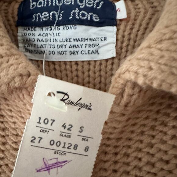 Bambergers Men Vintage Camel Cable Knit Full Zip Collared Cardigan Small NWT New - Picture 7 of 9